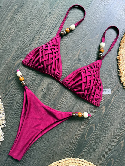 Sexy Brown Bikini Set 2026 Women Pearls Strap Hole Out Push Up Bra Thong Swimsuit Brazilian Beach Bathing Suit Micro Swimwear