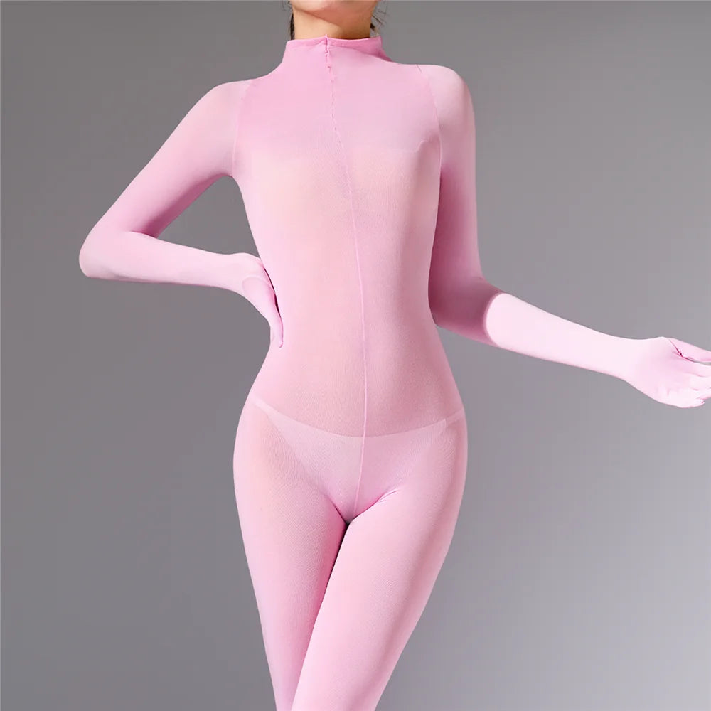 Plus Size Sexy Women 120D Five Finger Glove Sleeve Bodysuit Seamless Tight Warm High Elastic Shaping Cosplay Unisex Fit Jumpsuit