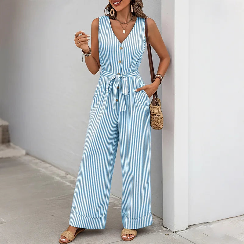 Women Rompers Solid Jumpsuits Striped Lace-Up Button V Neck Sleeveless Waist Mini Length Pants Shorts Casual One-piece Playsuit