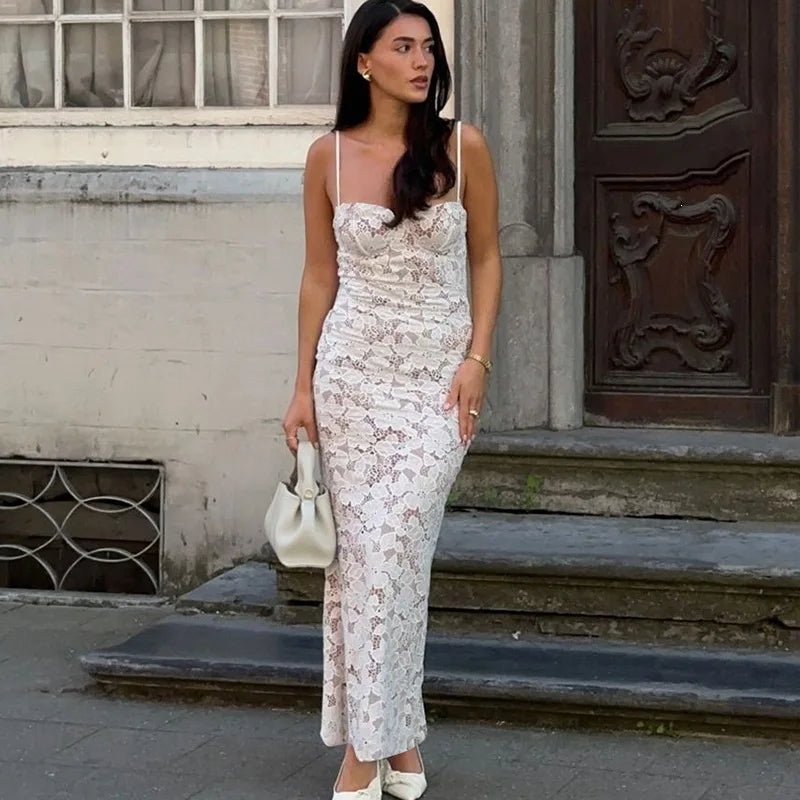 Women's Sexy Lace Splicing Strap Backless Dress Fashionable Slim Suspender Hip Covering Long Slit Female Nightclub Dresses 2026