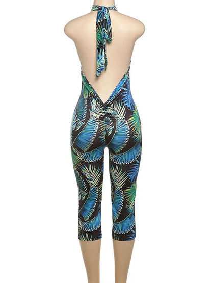 Kliou Colorful Print Playsuits Woman Bandage Halter Backless Skinny Peach Hip Female Midnight Club Party Sexy Fashion Rompers