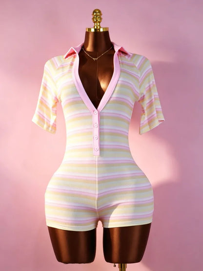 Colorful Stripes Ribbed Skinny Playsuits Women Fashion Casual Buttons V-neck Lapel Collar Short Sleeve Slim Streetwear Rompers
