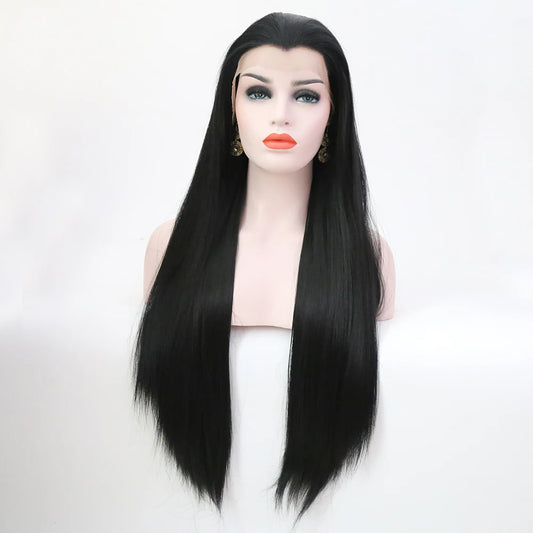 AIMEYA Long Straight Lace Wigs 13X4 Lace Frontal Free Part Synthetic Hair Wig with Special Hairline For Women Cosplay Black Wigs