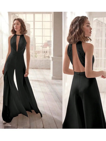 Solid Color Neckband Woman's Jumpsuit Summer Sexy Backless Deep V-neck Fashion Sleeveless Wide Leg Jumpsuits Ladies Streetwear