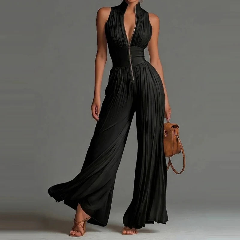 Elegant Lady Zipper Wide Leg Playsuits Stand Collar High Waist Pleat Jumpsuit Fashion Sleeveless Pure Color Slim Commute Rompers