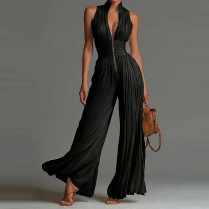 Elegant Lady Zipper Wide Leg Playsuits Stand Collar High Waist Pleat Jumpsuit Fashion Sleeveless Pure Color Slim Commute Rompers