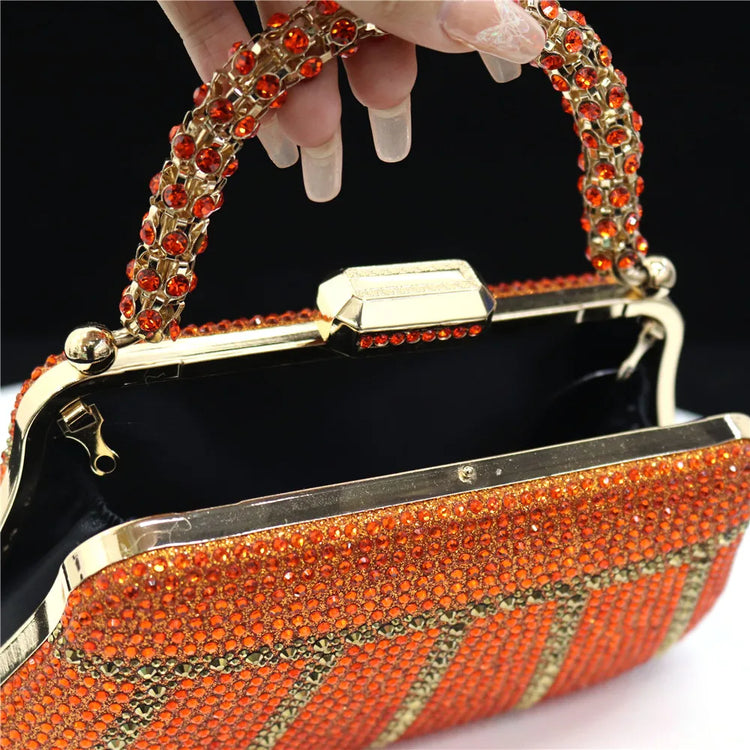 Popular In Nigeria Exquisite Evening Bags With Diamond Design Fashion Handle Clutch Rhinestone Embellished Long Chain Bag