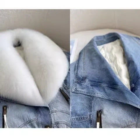 Winter Thickened Short Denim Jacket Fashion  Parkas Jeans Jacket Luxury Fur Coat Removable Fur Collar Cotton Jacket New