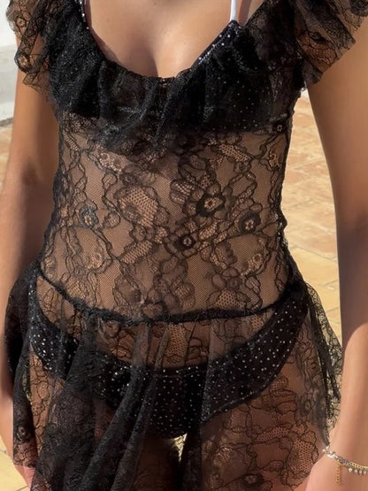 Kliou Sexy See Through Short Dress Woman Ruffles Decoration Low-Neck Backless Sleeveless Vacation Beach Party Style Mini Bodycon