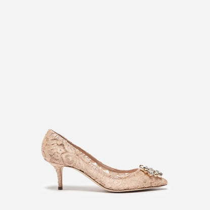 Mesh lace high-heeled shallow mouth shoes 2026 new pointed crystal buckle slim heel fashionable banquet women's single shoes