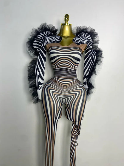 Women Long Sleeve Zebra Stripes Bodycon Jumpsuit Two Piece Set Birthday Party Nightclub Stage Performance Halloween Rompers