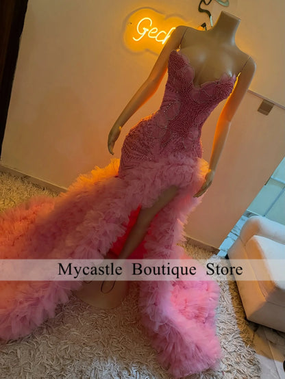Luxury Pearl Beaded Deep Purple Spaghetti Strap Diamond Prom Dresses High Slit Ruffle Tulle Train Evening Gown Customized