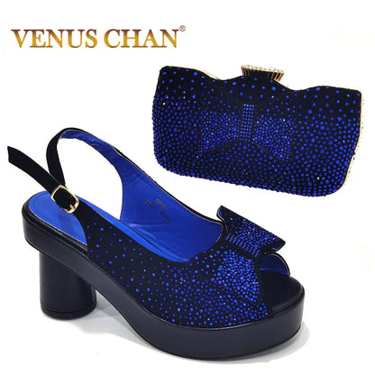 2024 Silver Fashion Square Heels with Platform African Women Shoes and Bag Set Full Crystal Pumps for Wedding Party