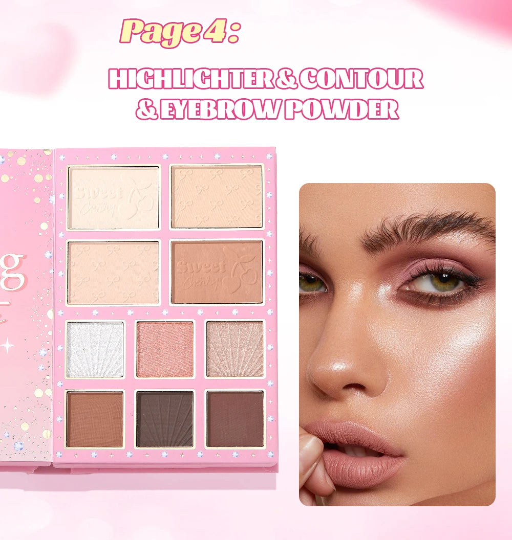 All-in-One 5-Page Makeup Magic Book: Full Kit with Multi-Shade Eyeshadow, Blush, Highlighter, Contour & Glossy Lip Gloss