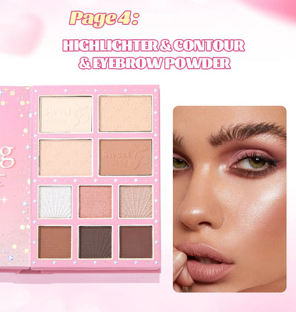 All-in-One 5-Page Makeup Magic Book: Full Kit with Multi-Shade Eyeshadow, Blush, Highlighter, Contour & Glossy Lip Gloss