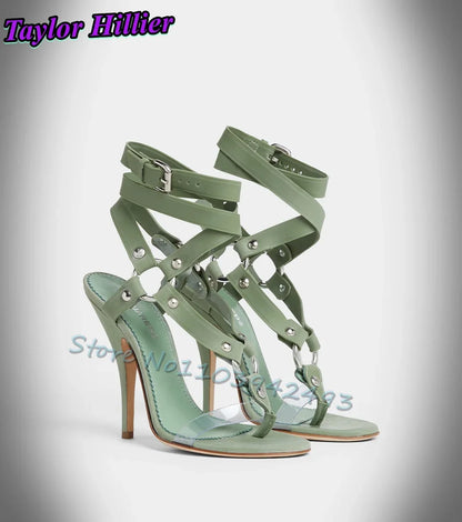 Gladiator Heels Cross Strap Heeled Sandals Rivets Women Deisgner Luxury Shoes Summer Sandalias De Mujer Solid Green Brown Zapato