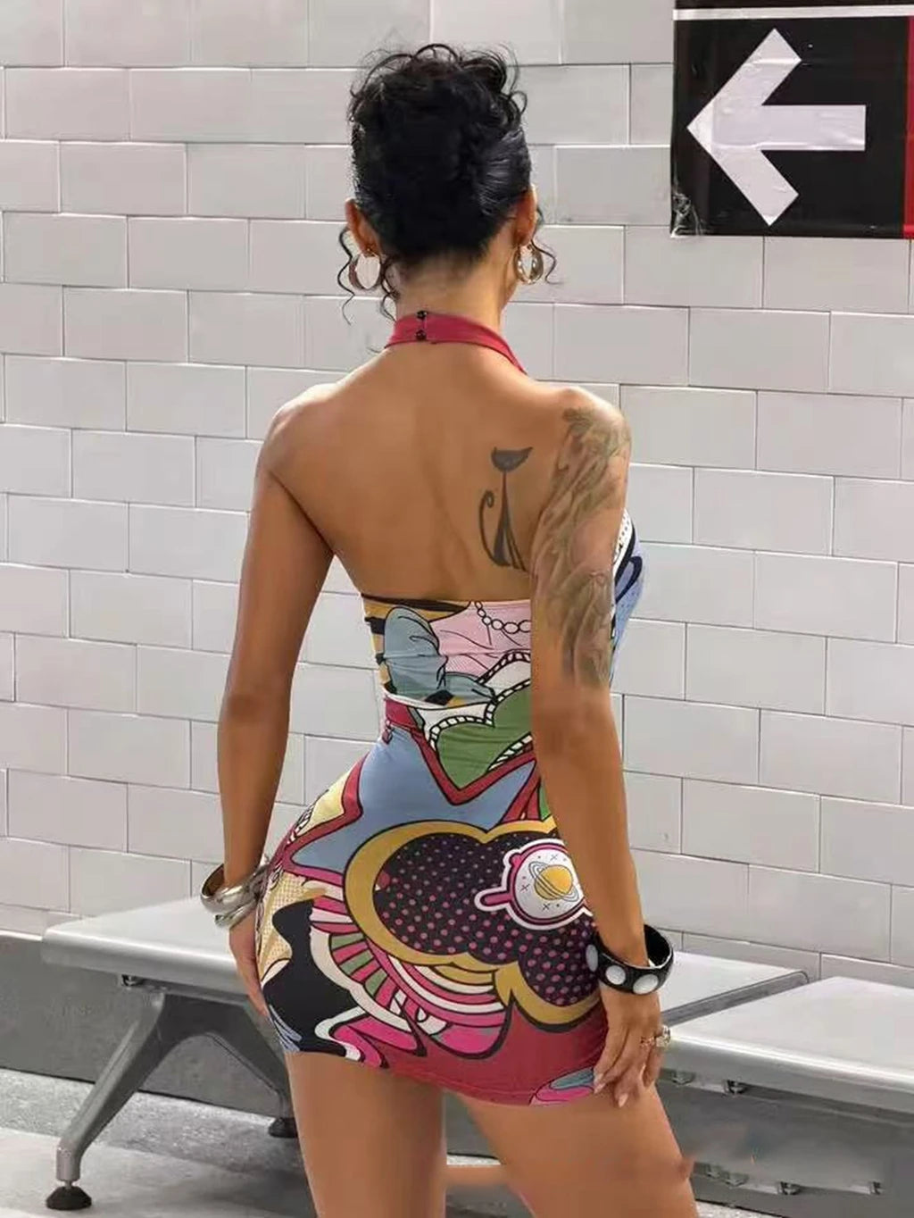 STYLISH LADY Pop Art Comic Print Halter Mini Dress Women Sleeveless Backless Bodycon Stretch Slim Fit Party Club Short Dress