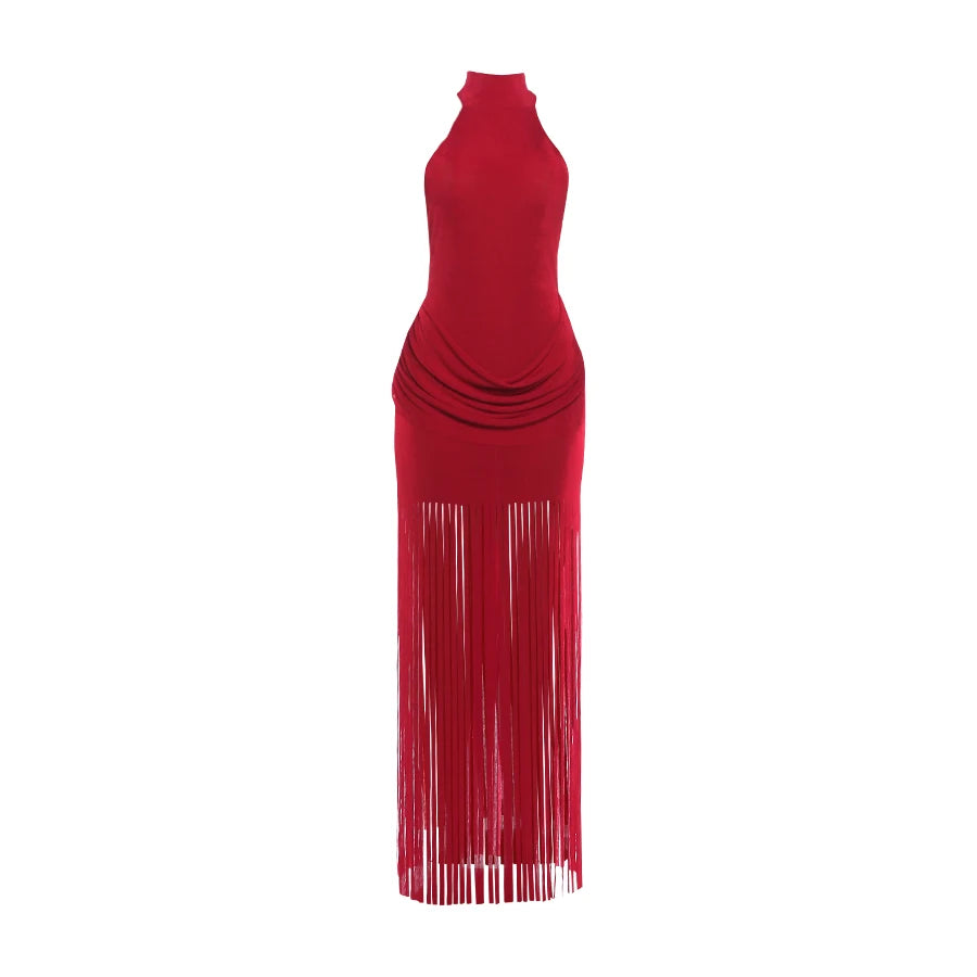 Weird Puss Halter Turtleneck Dress Women Velvet Ruched Patchwork Tassel Hem Elegant Sexy Backless Valentine's Day Party Bodycon