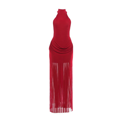 Weird Puss Halter Turtleneck Dress Women Velvet Ruched Patchwork Tassel Hem Elegant Sexy Backless Valentine's Day Party Bodycon