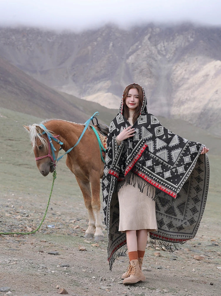 GypsyLady Bohemian Vintage Chic Cloaks Capes Hooded Blue Women Autumn Warm Knitted Ethnic Capes Tassels Cloak Poncho Outwear New