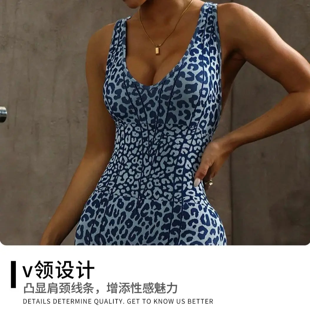 ZHEJIN Leopard Jumpsuit Women Backless Criss Cross Seamless Yoga Romper Scrunch Butt Lifting Workout Bodysuit Gym Fitness Wear