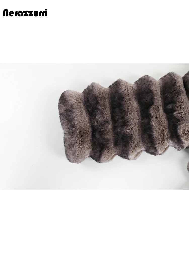Nerazzurri Winter Extra Long Thick Warm Colorful Soft Striped Fluffy Faux Chinchilla Fur Coat Women Shawl Collar Furry Overcoat