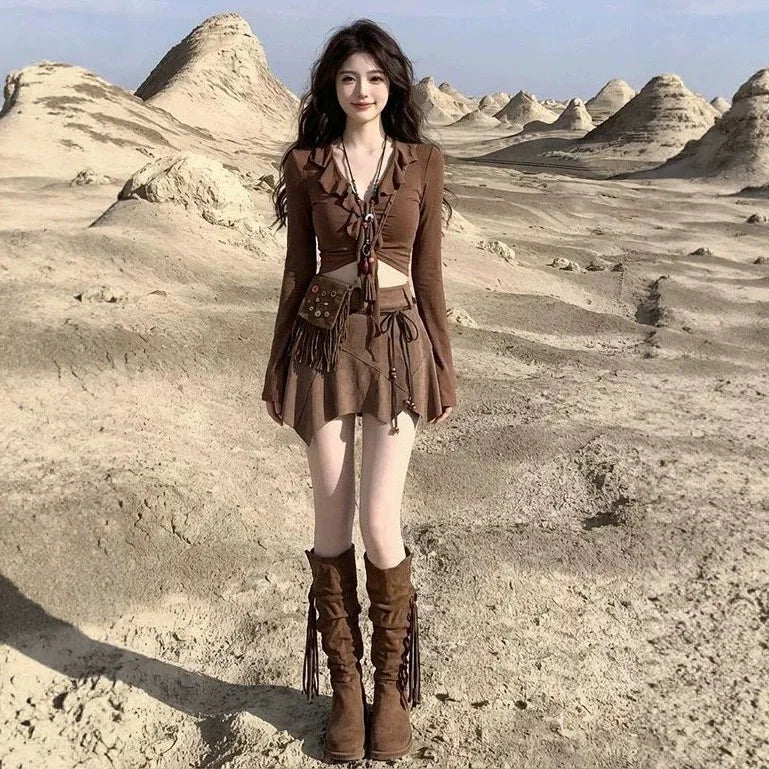 Travel Wear Desert Wasteland Style Dress Summer Maillard Western Denim Skirt Set