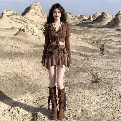 Travel Wear Desert Wasteland Style Dress Summer Maillard Western Denim Skirt Set