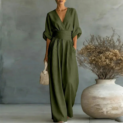 OL Style Solid High Waist Draped Jumpsuits Woman 2026 Spring V Neck Wide Leg Trousers Overalls Casual Half Sleeve Rompers Outfit