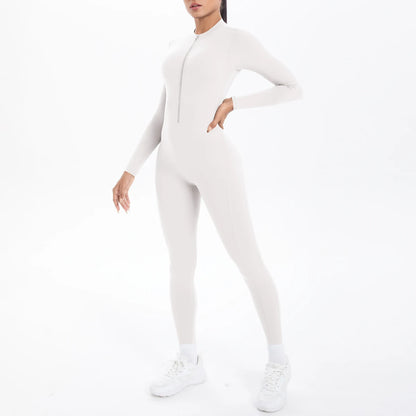 Solid Color Bodysuits for Woman's Backless Long Sleeved Zipper Yoga Jumpsuits High Dtrength Workout Sports Fitness Clothing Set