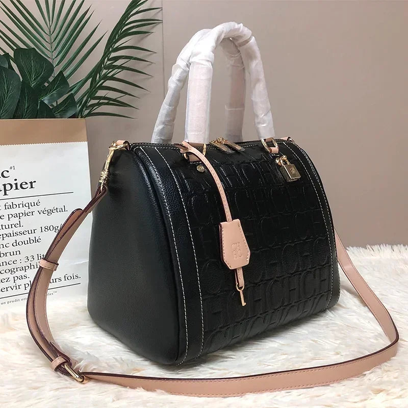 CH Carolina Herrera Boston Bag Women Leather Embossed Logo Shoulder Bag Luxury Travel Handbag Large Capacity