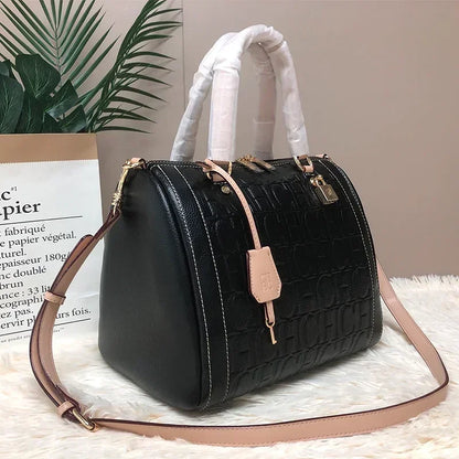 CH Carolina Herrera Boston Bag Women Leather Embossed Logo Shoulder Bag Luxury Travel Handbag Large Capacity