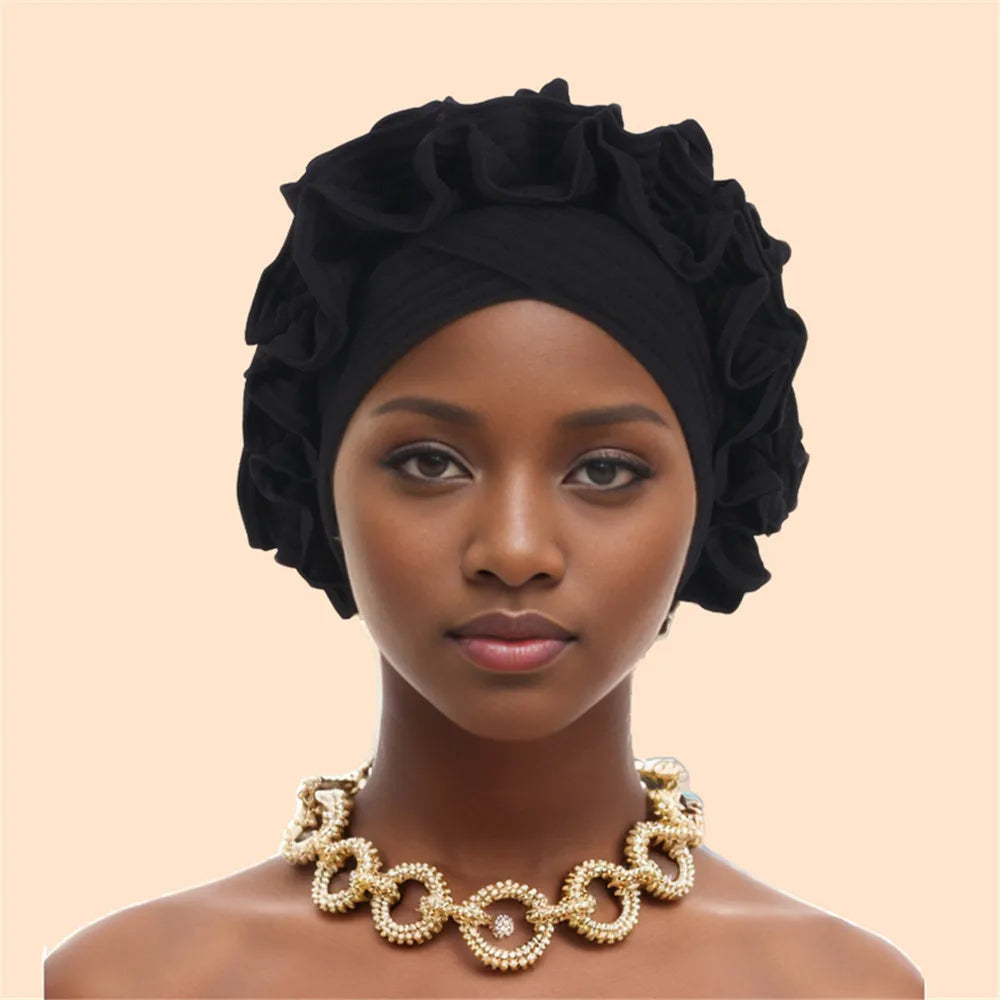 Ruffled Turban Cap Women's Head Wraps Soft Comfortable Headscarf Bonnet Lady Soild Color Headgear