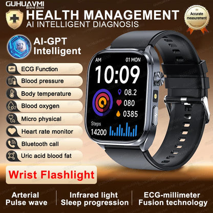 2026New ECG+PPG Clock Health Trackr 2.0 inch Uric Acid Blood lipids Pressure Smart Watch Body Analysis Voice call Smartwatch Men