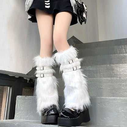Furry Leg Warmers Women Sweet Lolita Leather-Buckle Plush Leg Covers Y2k Hottie Subculture JK Long Socks Punk Gothic Foot Covers