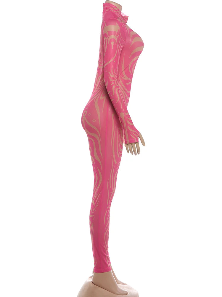 Weird Puss Sexy Striped Print Jumpsuits Women Wild Style Turtleneck Full Sleeve Midnight Party Club Stretch Streetwear Overalls