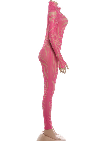 Weird Puss Sexy Striped Print Jumpsuits Women Wild Style Turtleneck Full Sleeve Midnight Party Club Stretch Streetwear Overalls