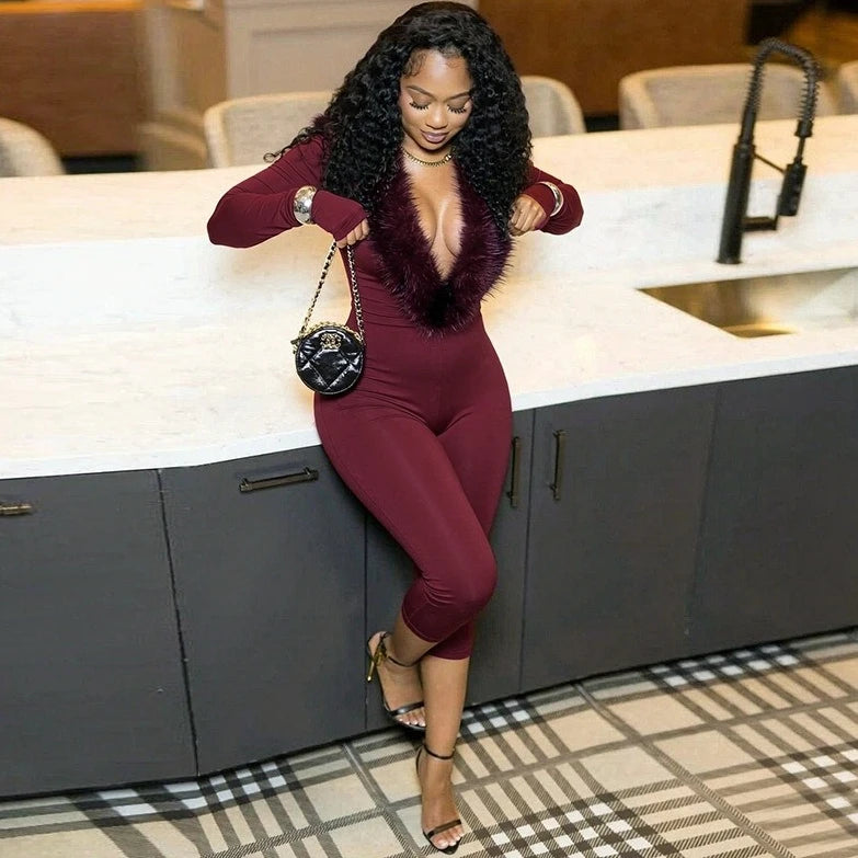 FLARORA Sexy Faux Fur Patchwork Capri Jumpsuits Woman Deep V Neck Full Sleeve Skinny Peach Hip Midnight Party Clubwear Overalls
