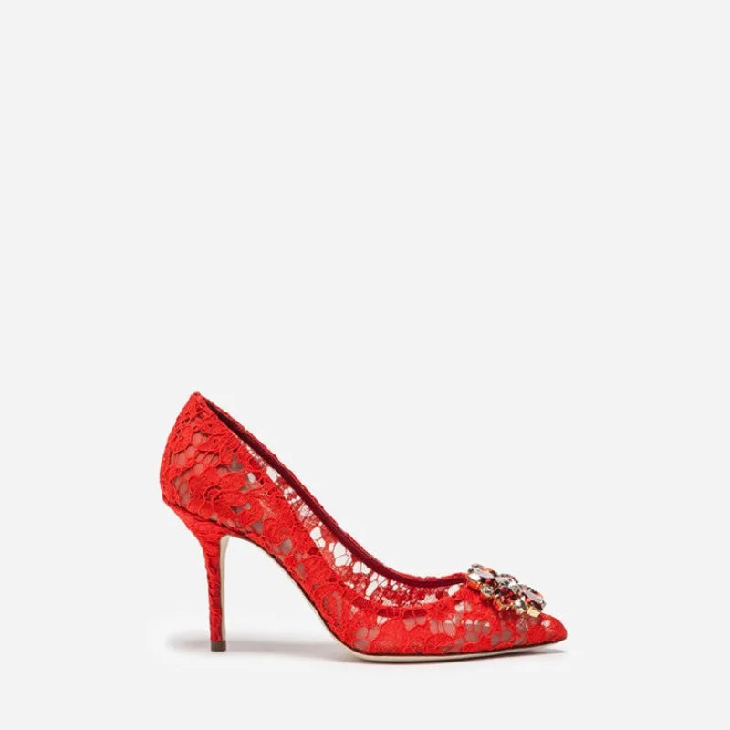 Mesh lace high-heeled shallow mouth shoes 2026 new pointed crystal buckle slim heel fashionable banquet women's single shoes