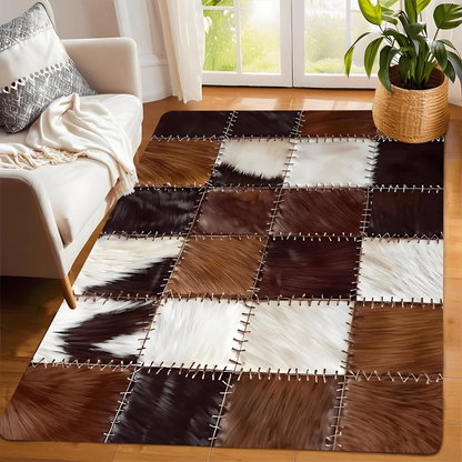 Checkered Cow Leather Pattern Doormat, High-Quality Flannel Non-Slip Machine Washable Rug for Multi-Room Multi-Holiday Decor