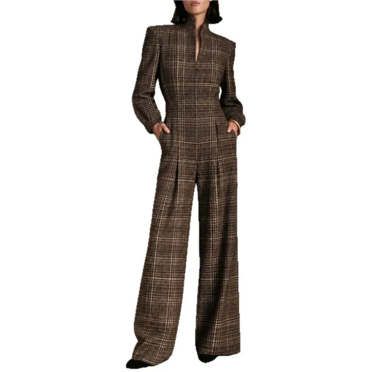 Temperament Plaid Printed Jumpsuit For Women Spring Autumn Fashion High Waist Wide Leg Romper Ladies Casual Jumpsuit With Pocket