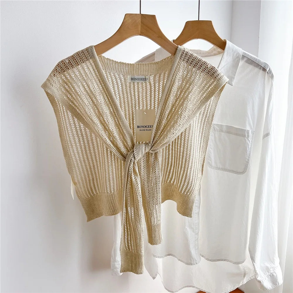 Women Plain Solid Lace Hollow Out Shawls Summer Air Conditioning Fake Collar Neck Guard Knit Thin Knotted Cape Shoulder Scarves