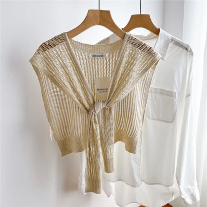 Women Plain Solid Lace Hollow Out Shawls Summer Air Conditioning Fake Collar Neck Guard Knit Thin Knotted Cape Shoulder Scarves