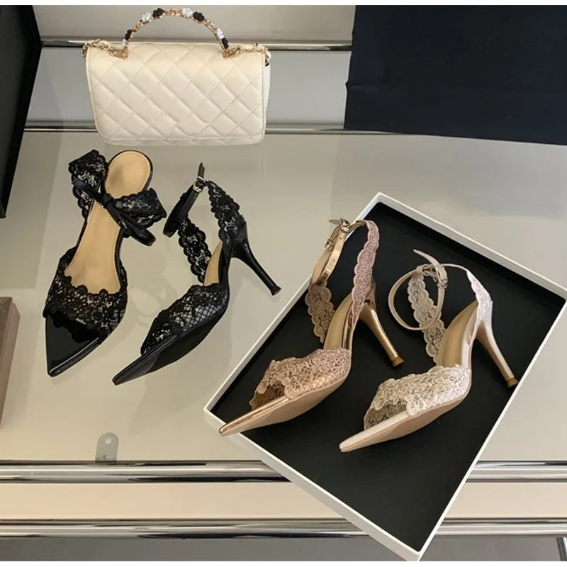 Luxury Lace Embroidery Ankle Strap Buckle Women Gladiator Sandals Elegant Thin High heels Summer Fashion Party Wedding Shoes