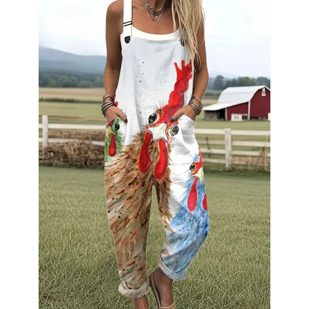 Relaxed Fit Women's Overalls with Cute Animals Patterns Fashion Jumpsuits Adjustable Design for Picnics and Country Outings