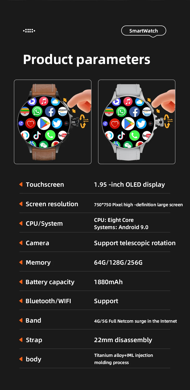 VALDUS GT200 4G Smartwatch HD Camera Man Woman Video Chat Fingerprint Control 32GB Memory WIFI GPS Step Smart Watch For Android