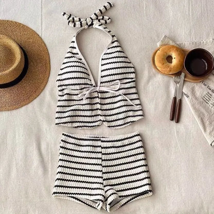 2026 New Women's High-End Striped Knitting Bikini Set Halter Deep V Neck Two-Piece Swimsuit Sexy Beach Bathing Suit for Vacation