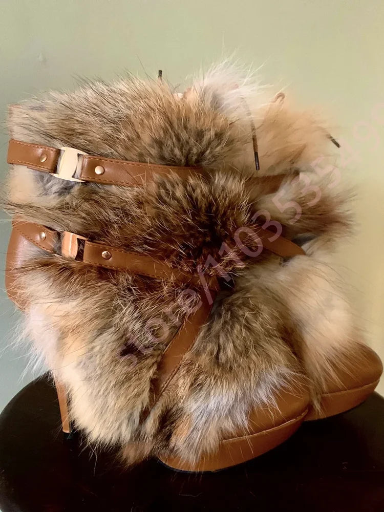 Winter Platform Belt Buckle Soft Fur Short Boots Fashion Show Party Casual Furry Boots New Sexy Women's Stiletto Warm Boots