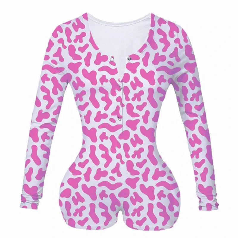 Combhasaki Women's Y2K Long Sleeve All-over Print Slim Sleepwear Jumpsuit Half Button O-neck Loungewear Bodysuit Shorts Romper