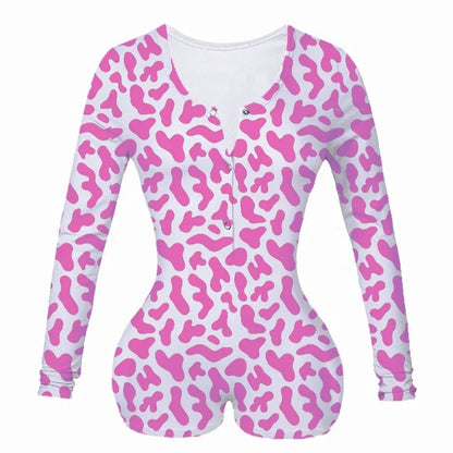 Combhasaki Women's Y2K Long Sleeve All-over Print Slim Sleepwear Jumpsuit Half Button O-neck Loungewear Bodysuit Shorts Romper